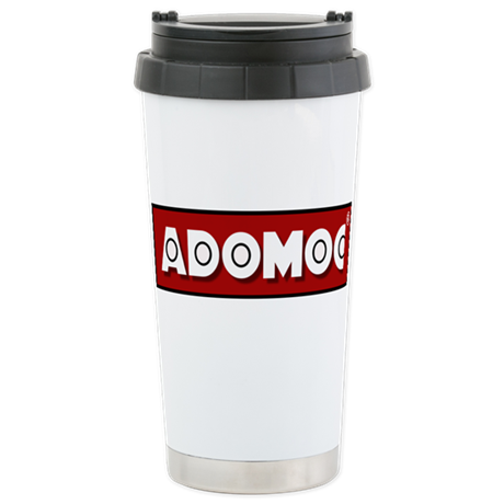 Stainless steel travel mug with official Adomoc International Logo